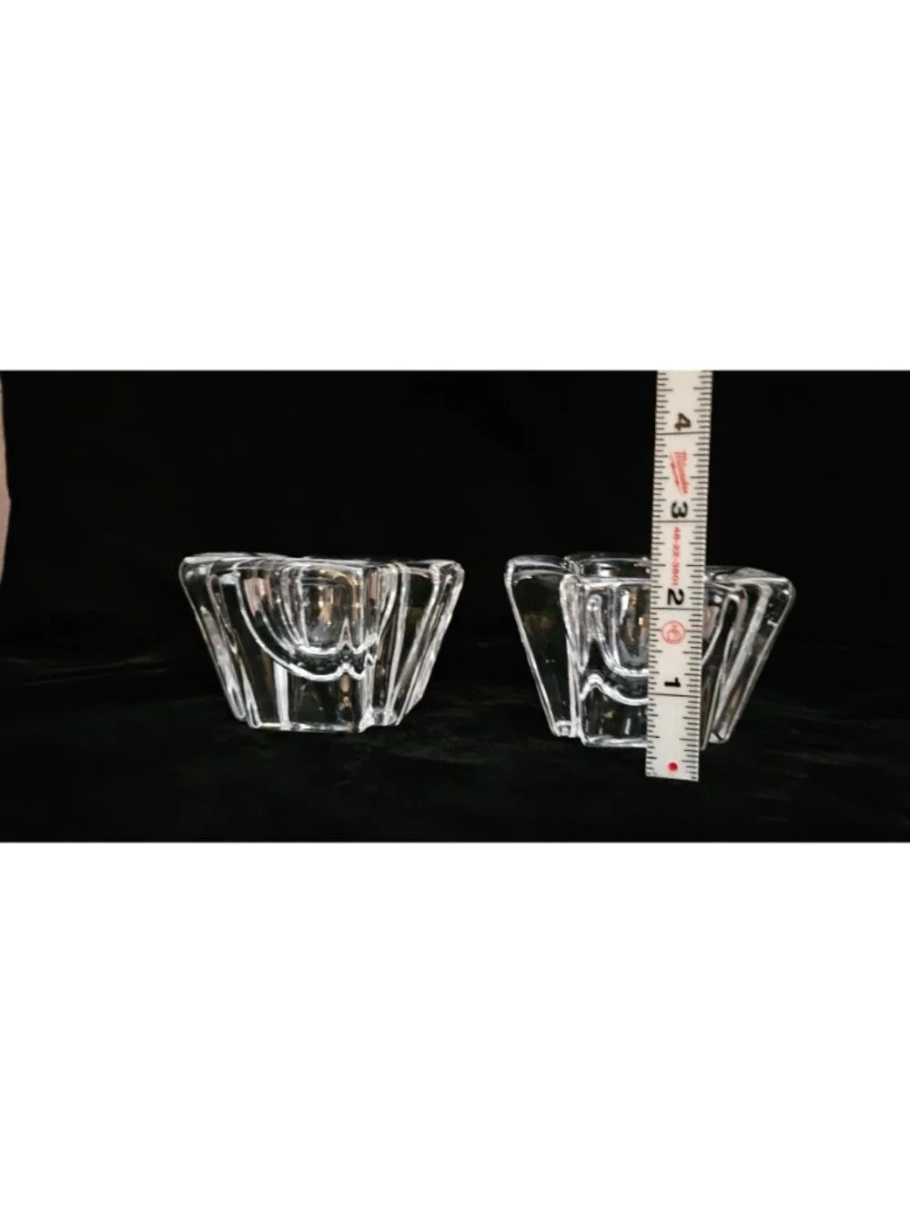 Pair Of Vintage Orrefors Sweden Crystal Candle Holders With Geometric Design 3.5